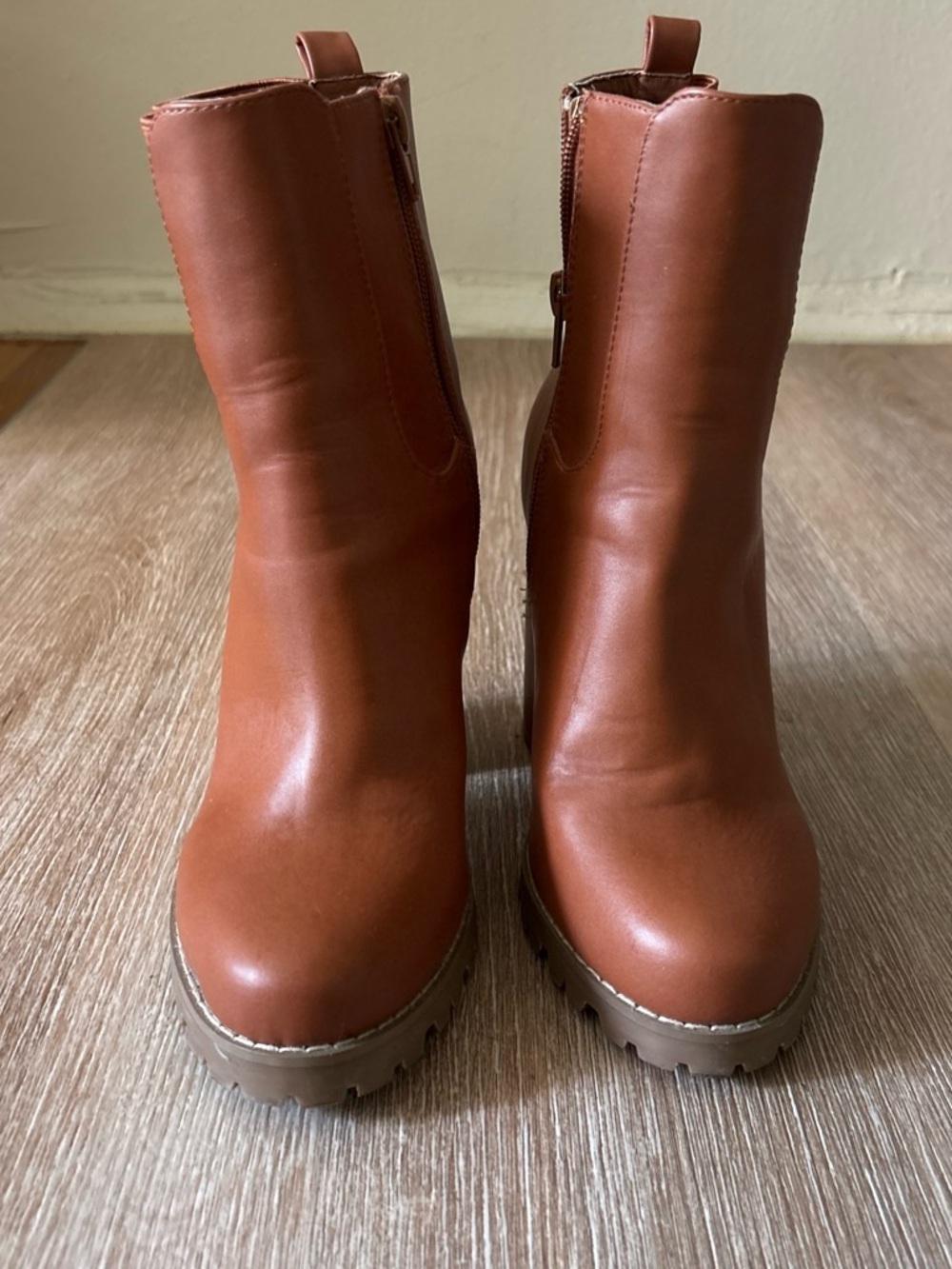 Women's Tan Platform Ankle Boots with Side Zip